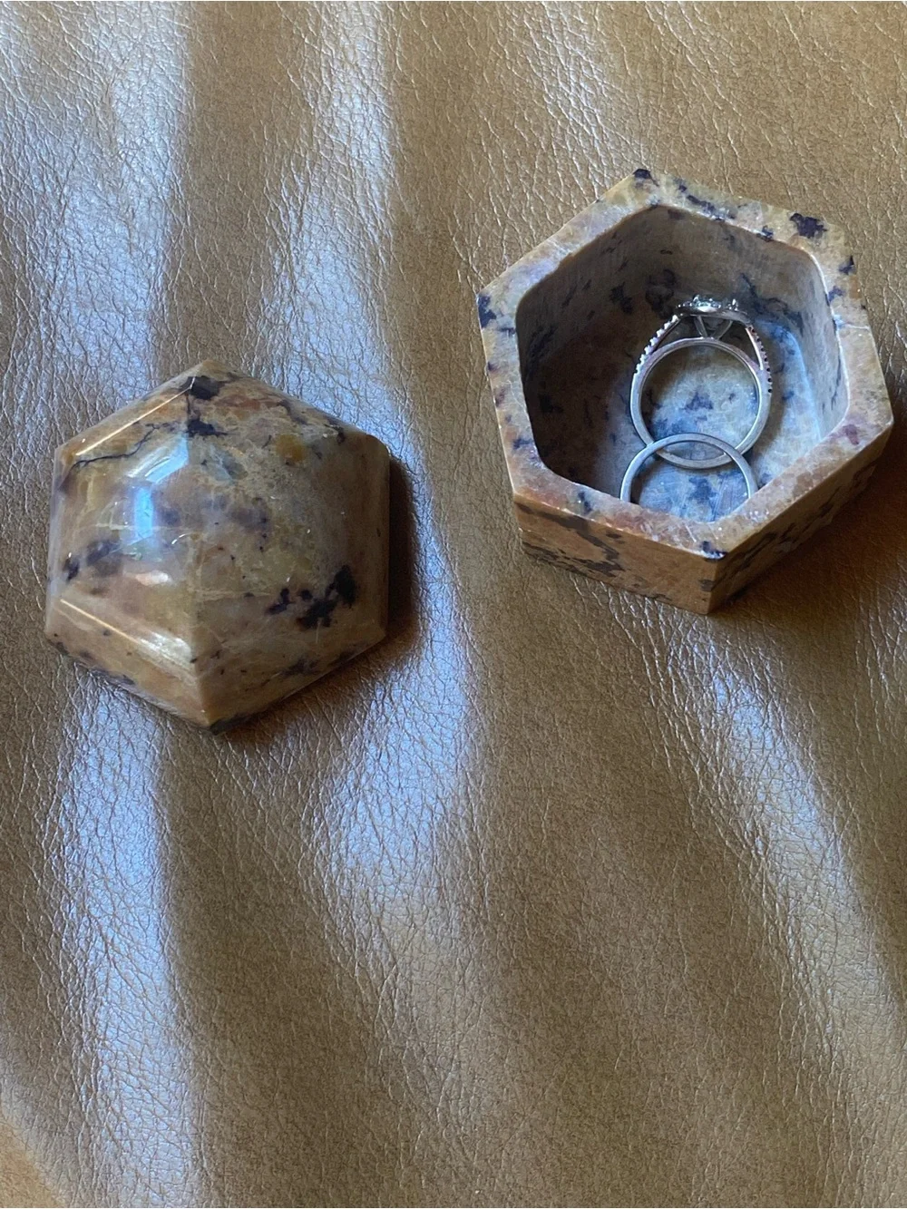 Jo Marz Natural Granite Hexagon Trinket Box Hand-Carved Stone Ring Keepsake 2”